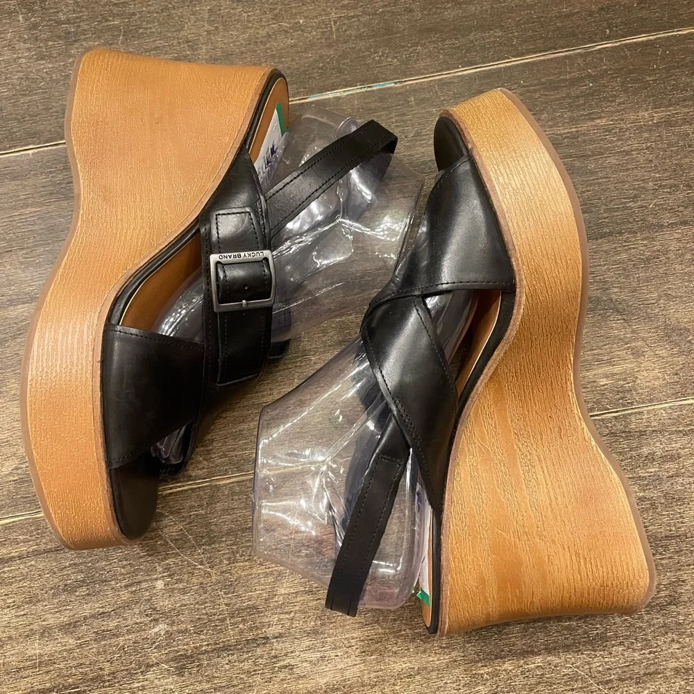 LUCKY BRAND Delaynee Platform Wedge Sandal ‎ Leather Slingback Black Size 9.5